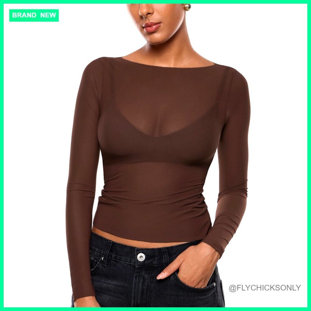 Mesh Long Sleeve Boat Neck Top Sheer Slim Fit Sexy Going Out Shirt